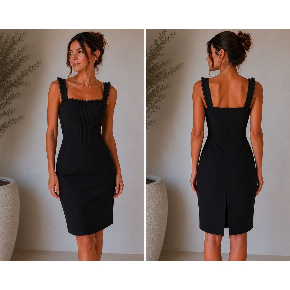 Vintage Anna Molinari Y2K Black Silk Sheath Dress Frayed Trim Midi Italy 44 US M